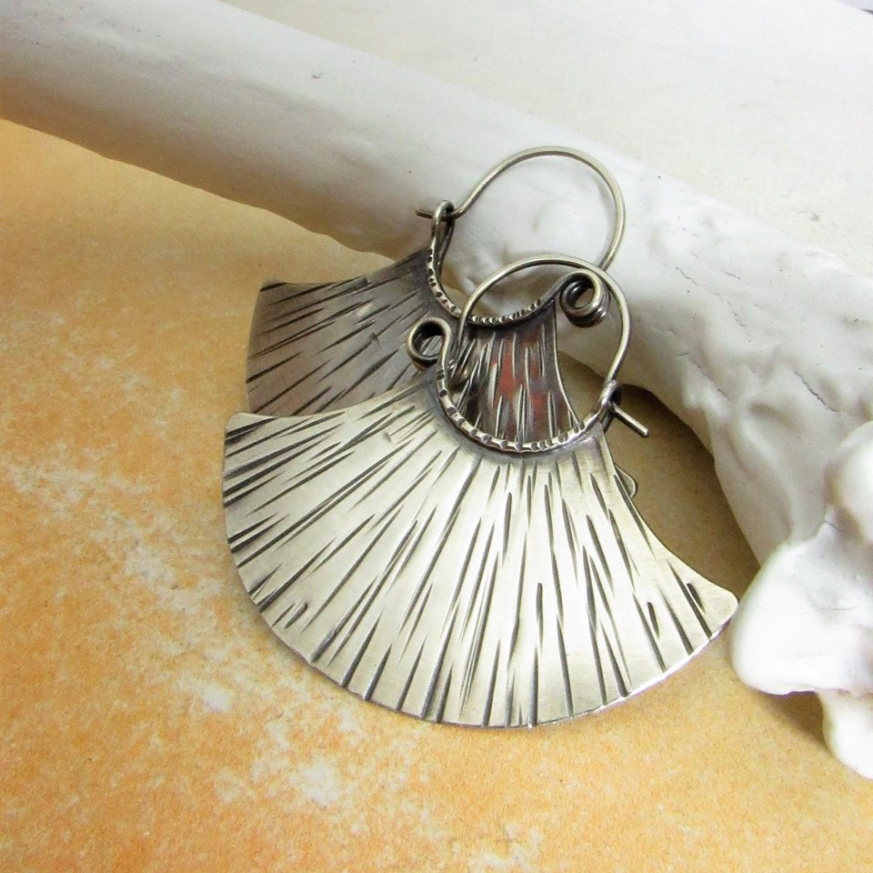 Sterling Silver Fan Earrings, Bold Statement Hoops, Argentium Metalsmith Jewelry