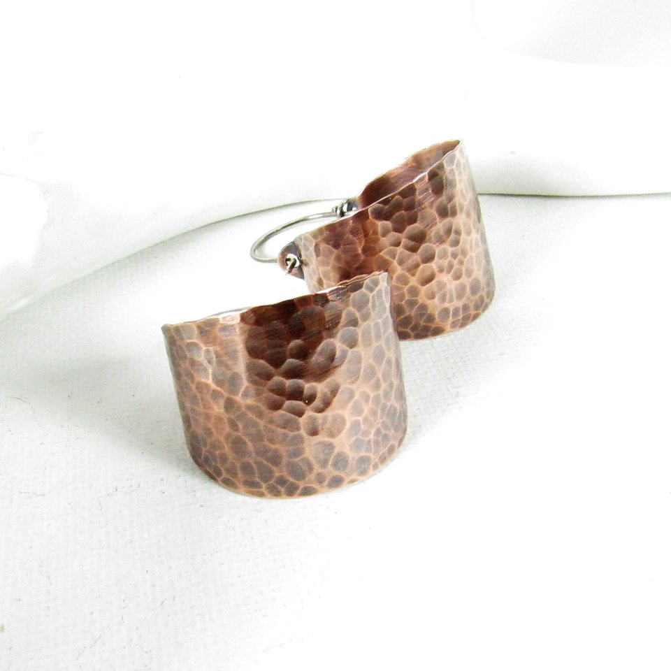 Hammered Copper Basket Hoop Earrings, Rustic Sterling Silver Wires