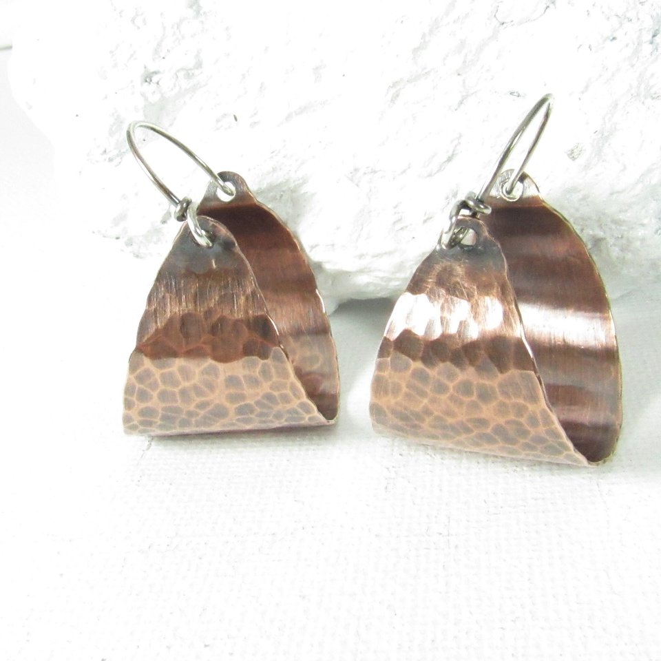 Hammered Copper Basket Hoop Earrings, Rustic Sterling Silver Wires