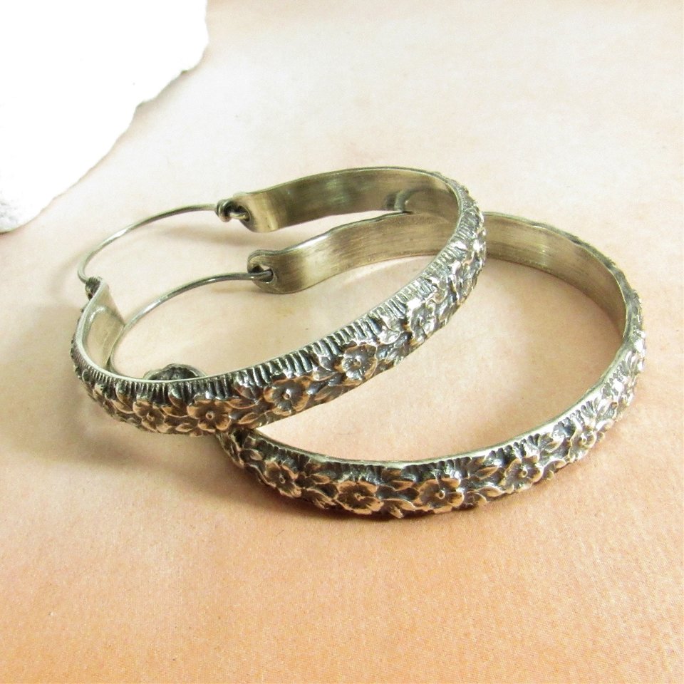 Large Sterling Silver Hoop Earrings, Romantic Rose Floral Metalwork