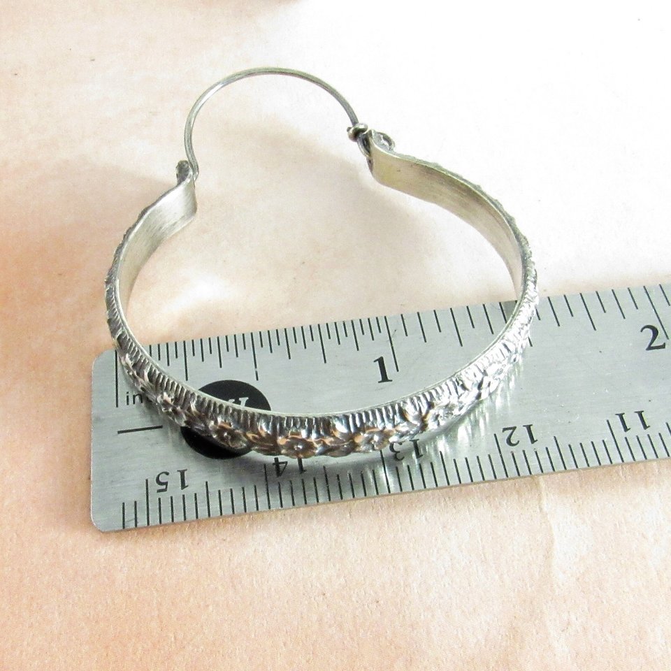 Large Sterling Silver Hoop Earrings, Romantic Rose Floral Metalwork