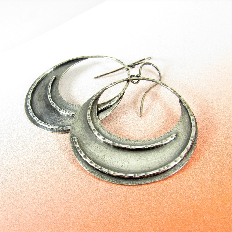 Large Argentium Sterling Silver Hoop Earrings, Statement Gypsy Earrings, Handcrafted, Unique And Lightweight