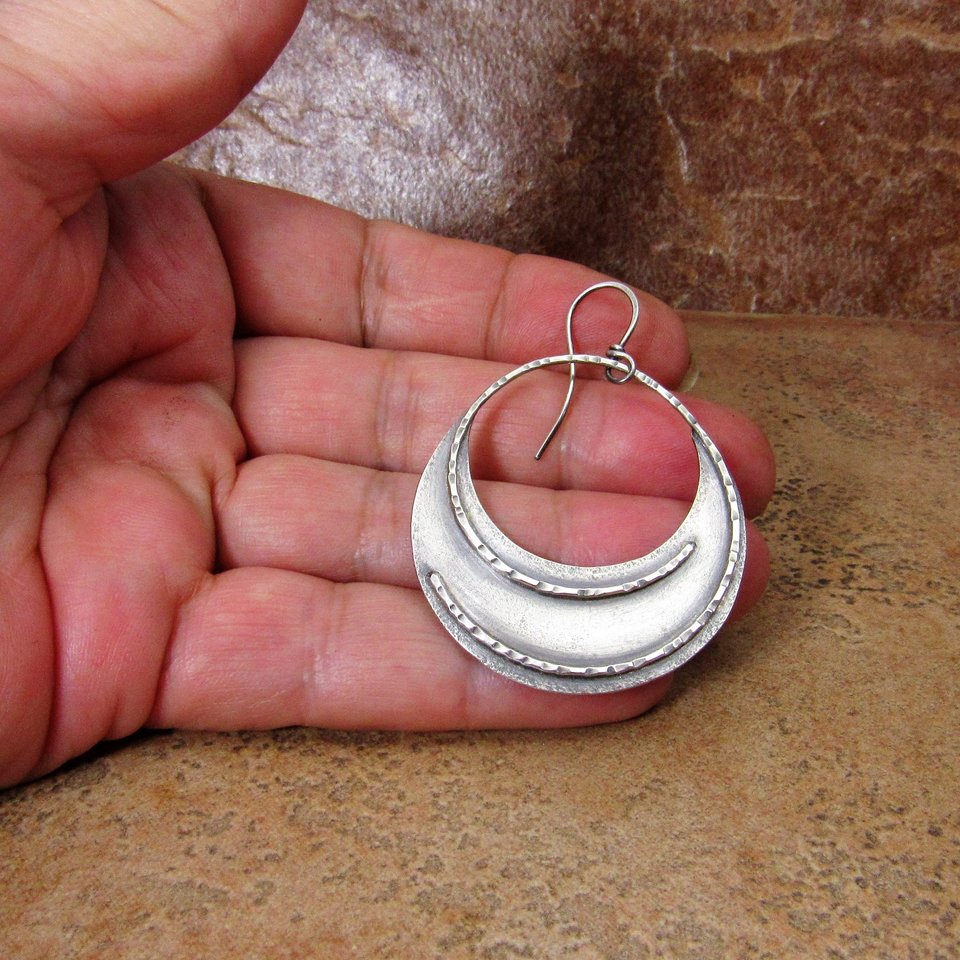 Large Argentium Sterling Silver Hoop Earrings, Statement Gypsy Earrings, Handcrafted, Unique And Lightweight