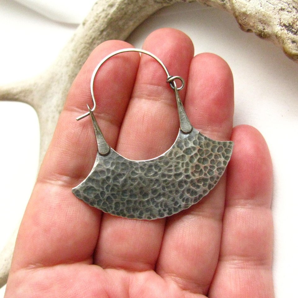 Large Sterling Silver Tribal Earrings, Forged Blade Hoop Earrings, Rustic Urban Metalsmith Jewelry
