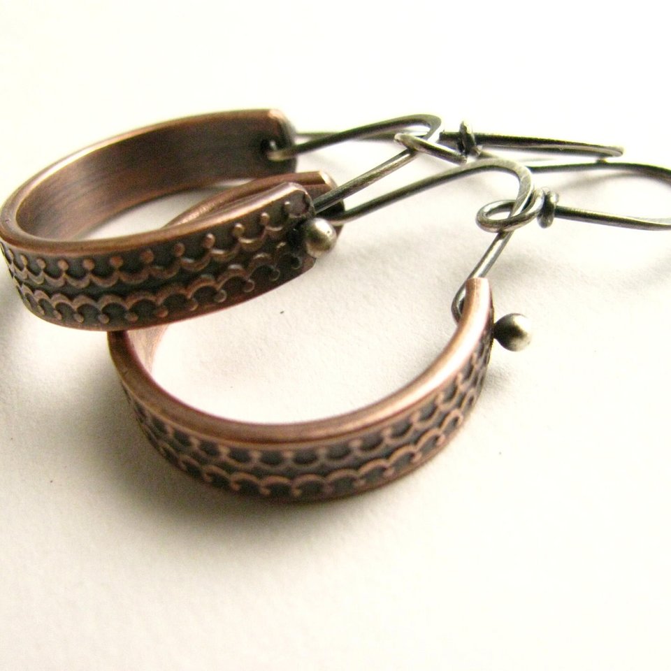 Mixed Metal Copper and Silver Dangle Earrings, Artisan Crafted