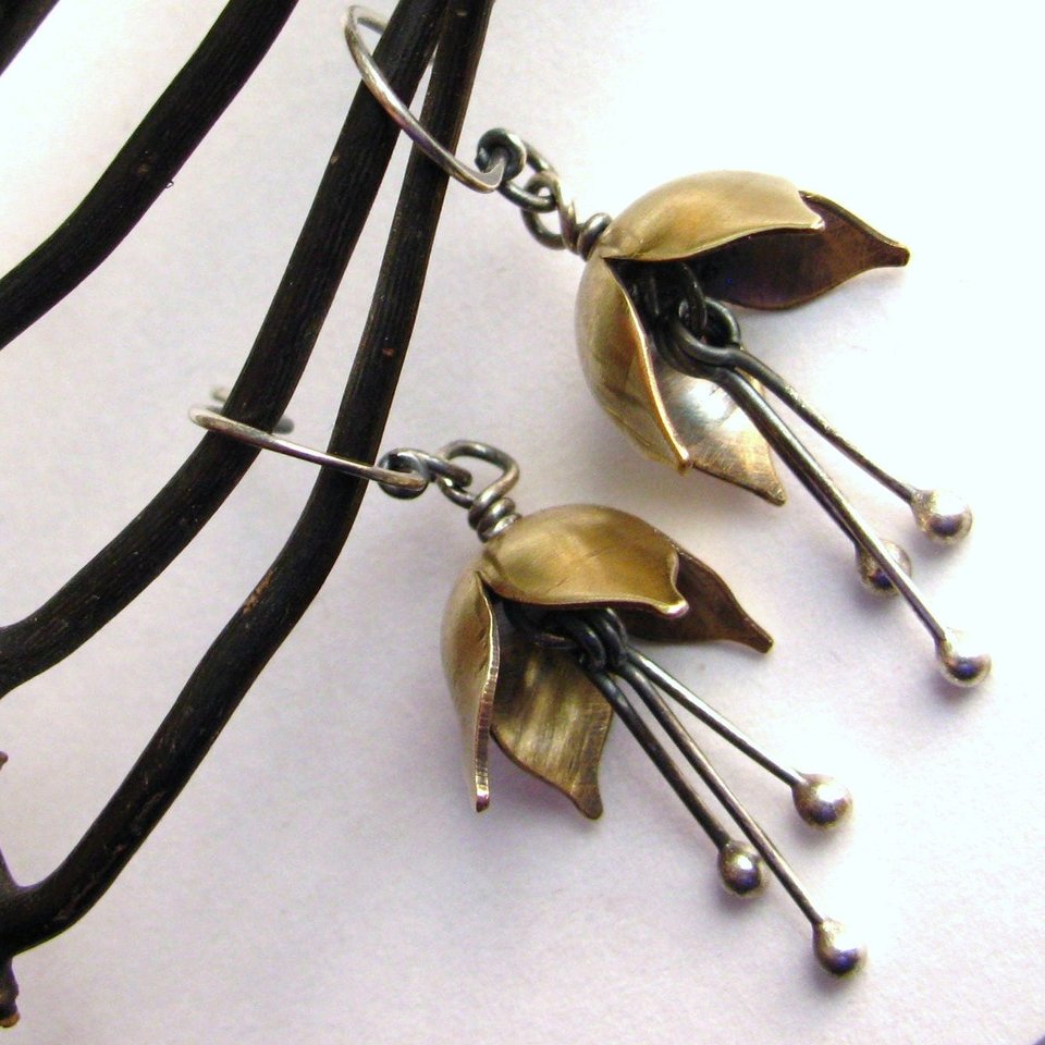 Small Bell Flower Earrings, Mixed Metal Sterling Silver And Bronze Earrings, Handcrafted Metalwork Jewelry