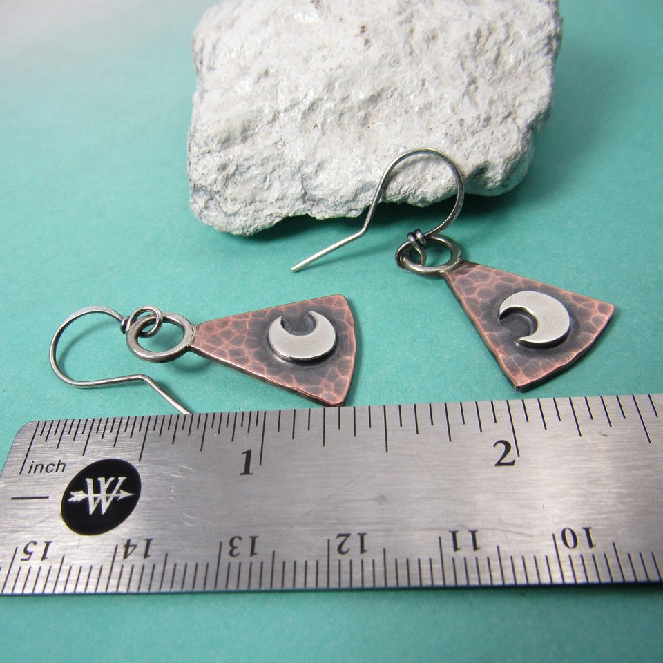Moon Earrings, Sterling Silver And Copper Earrings, Geometric Mixed Metal  Lunar Jewelry By Mocahete