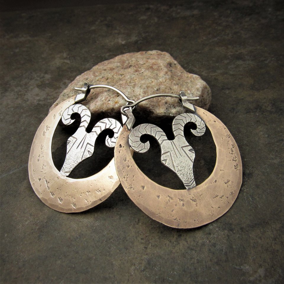 Rams Head Earrings, Large Silver And Bronze Exotic Statement Earrings,  Aries, Mixed Metal Design