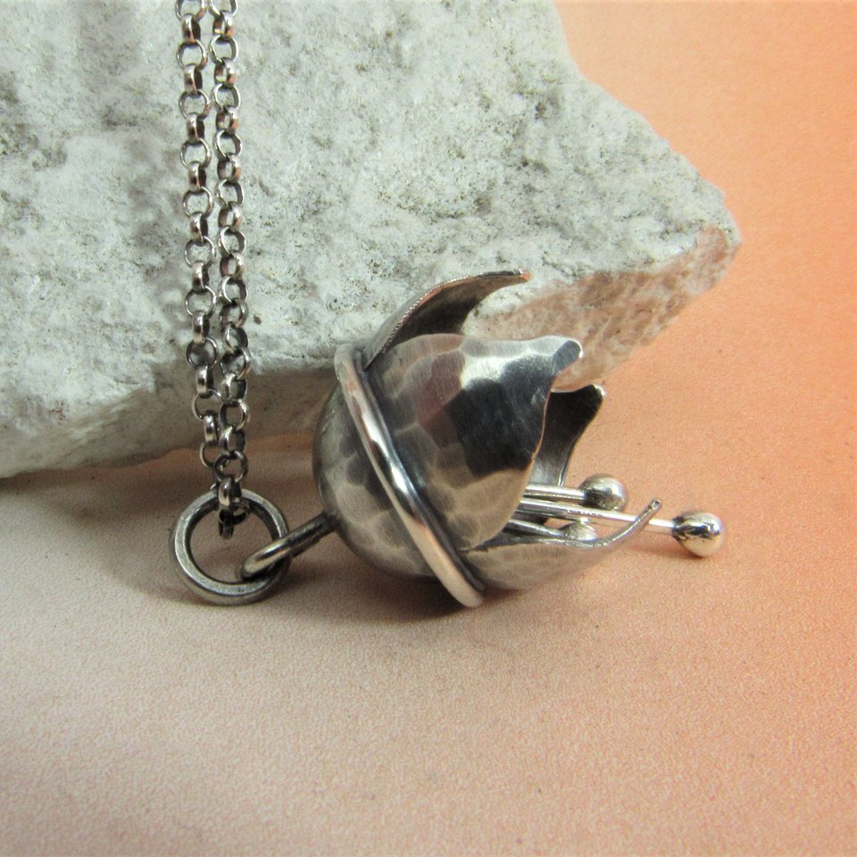 Argentium Sterling Silver Tinkling Bell Flower Pendant Necklace