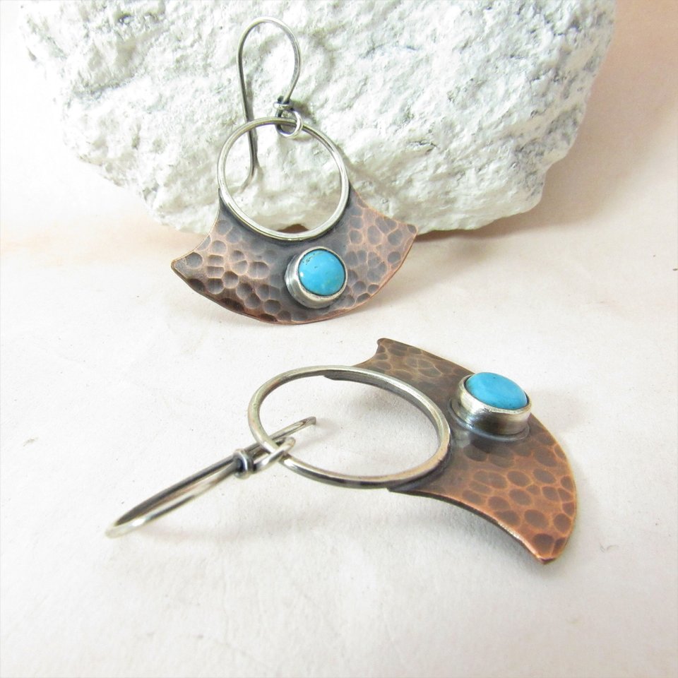 Hammered Copper And Turquoise Earrings, Mixed Metal Jewelry By Mocahete