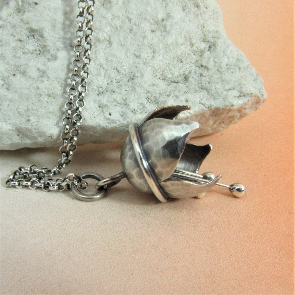 Argentium Sterling Silver Tinkling Bell Flower Pendant Necklace