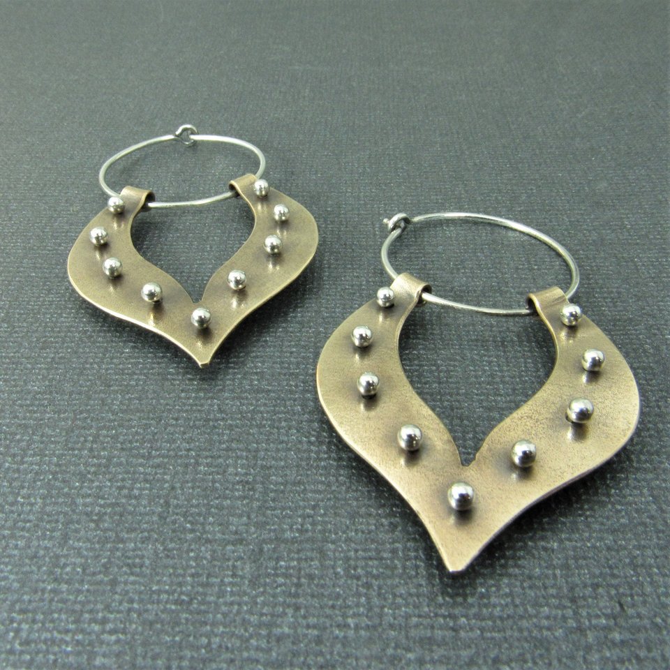 Pinned Lotus Tribal Earrings, Mixed Metal Sterling Silver and Bronze Hoops