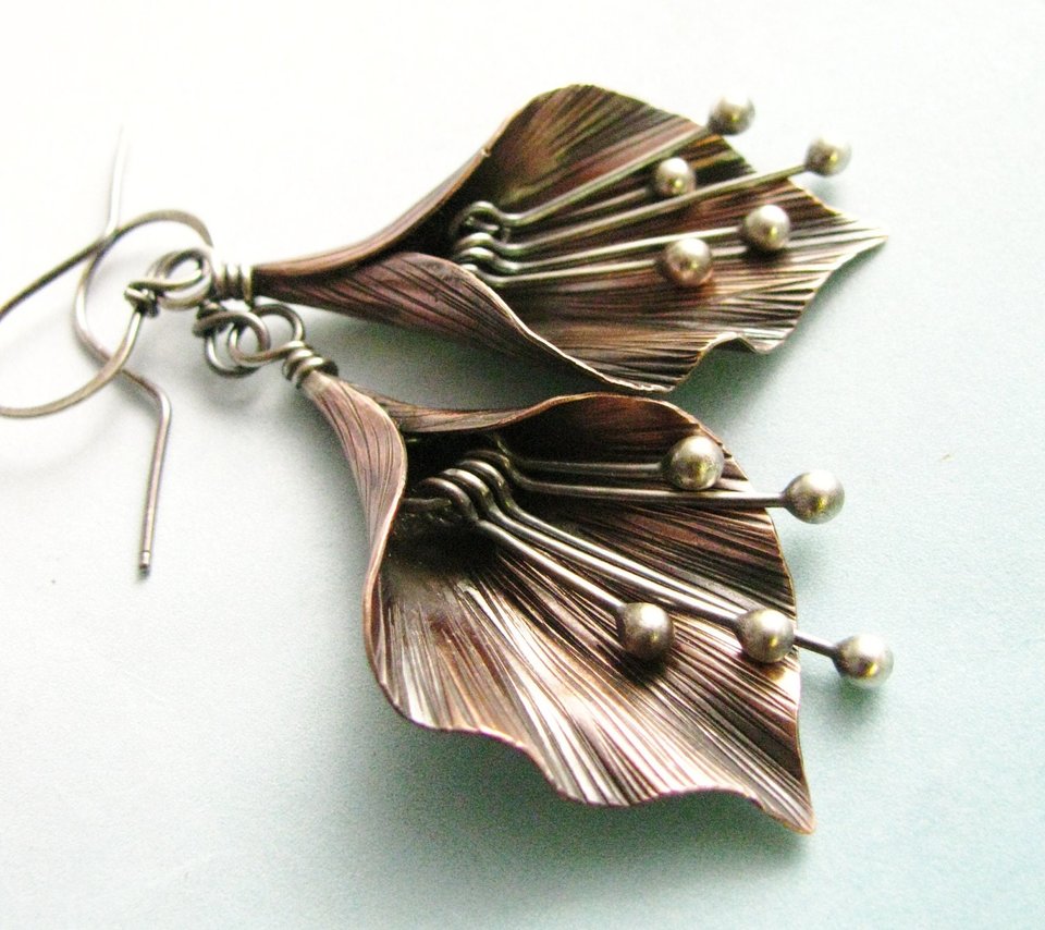 Handcrafted Lily Flower Earrings, Copper and Argentium Sterling Silver