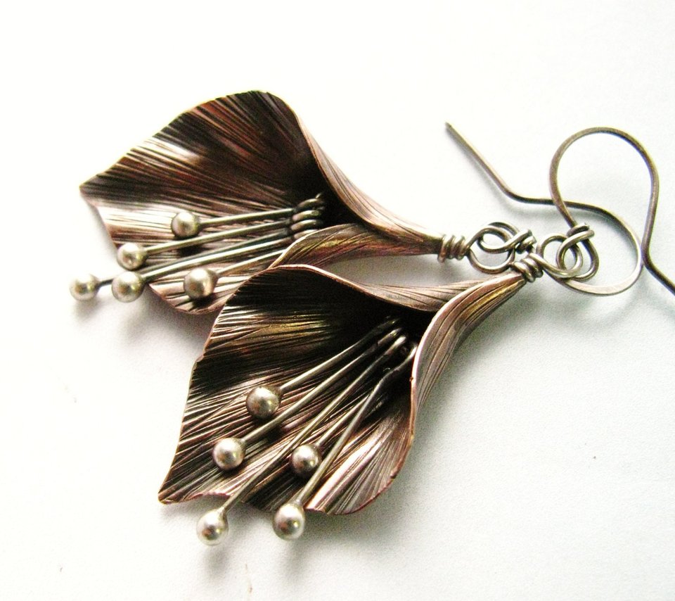 Handcrafted Lily Flower Earrings, Copper and Argentium Sterling Silver
