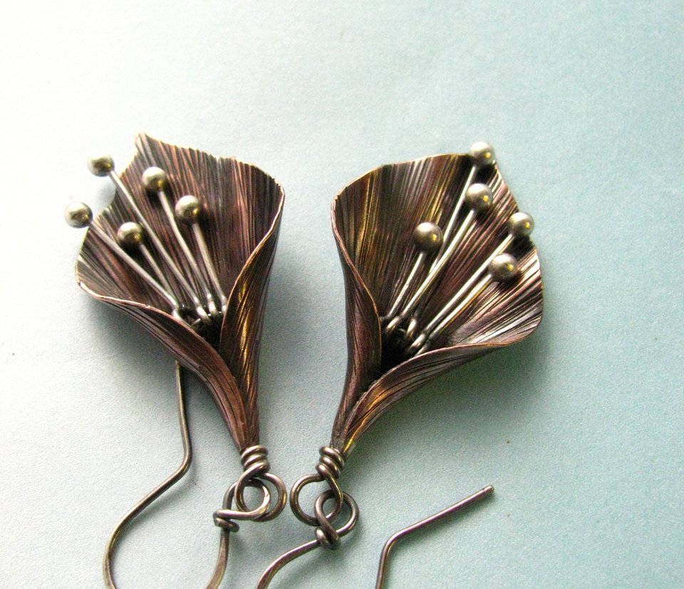 Handcrafted Lily Flower Earrings, Copper and Argentium Sterling Silver