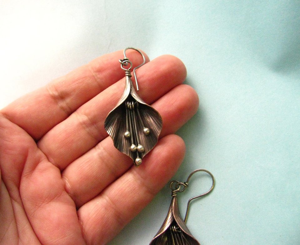 Handcrafted Lily Flower Earrings, Copper and Argentium Sterling Silver