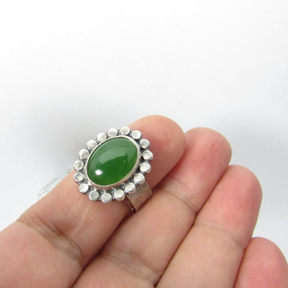  Sterling Silver Nephrite Jade Ring, Size 7, Artisan Jewelry