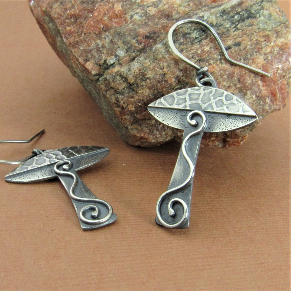 Argentium Sterling Silver Mushroom Earrings, Fungi Jewelry Gift