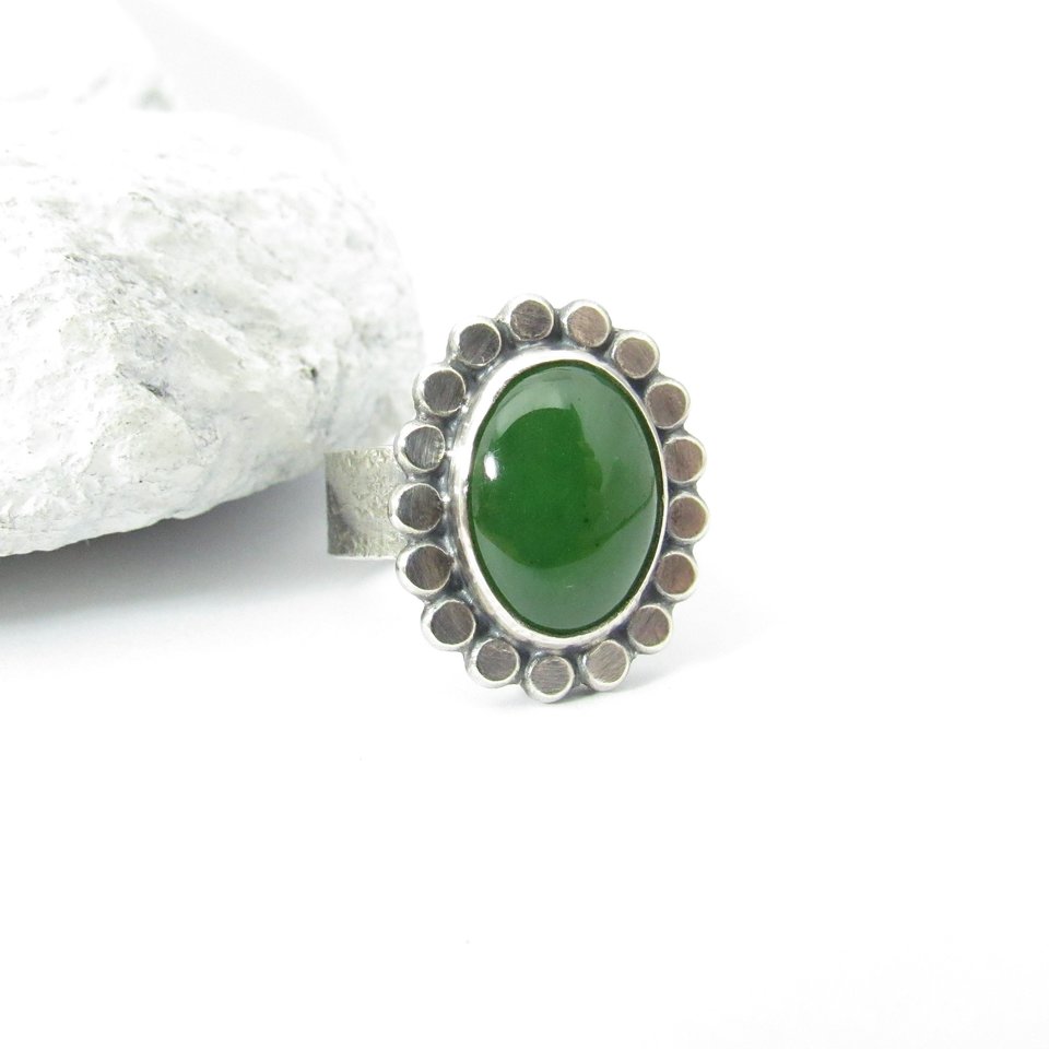  Sterling Silver Nephrite Jade Ring, Size 7, Artisan Jewelry