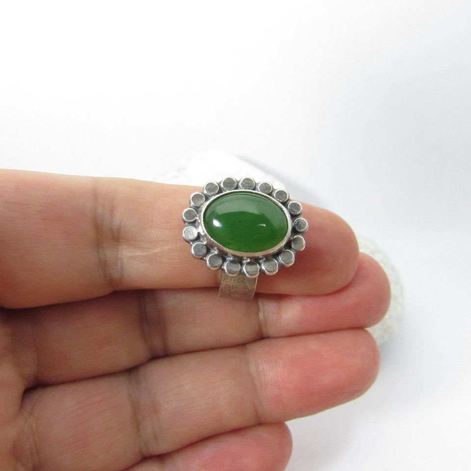  Sterling Silver Nephrite Jade Ring, Size 7, Artisan Jewelry