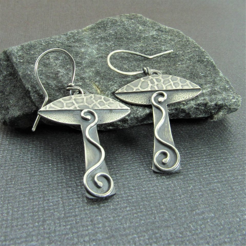 Argentium Sterling Silver Mushroom Earrings, Fungi Jewelry Gift