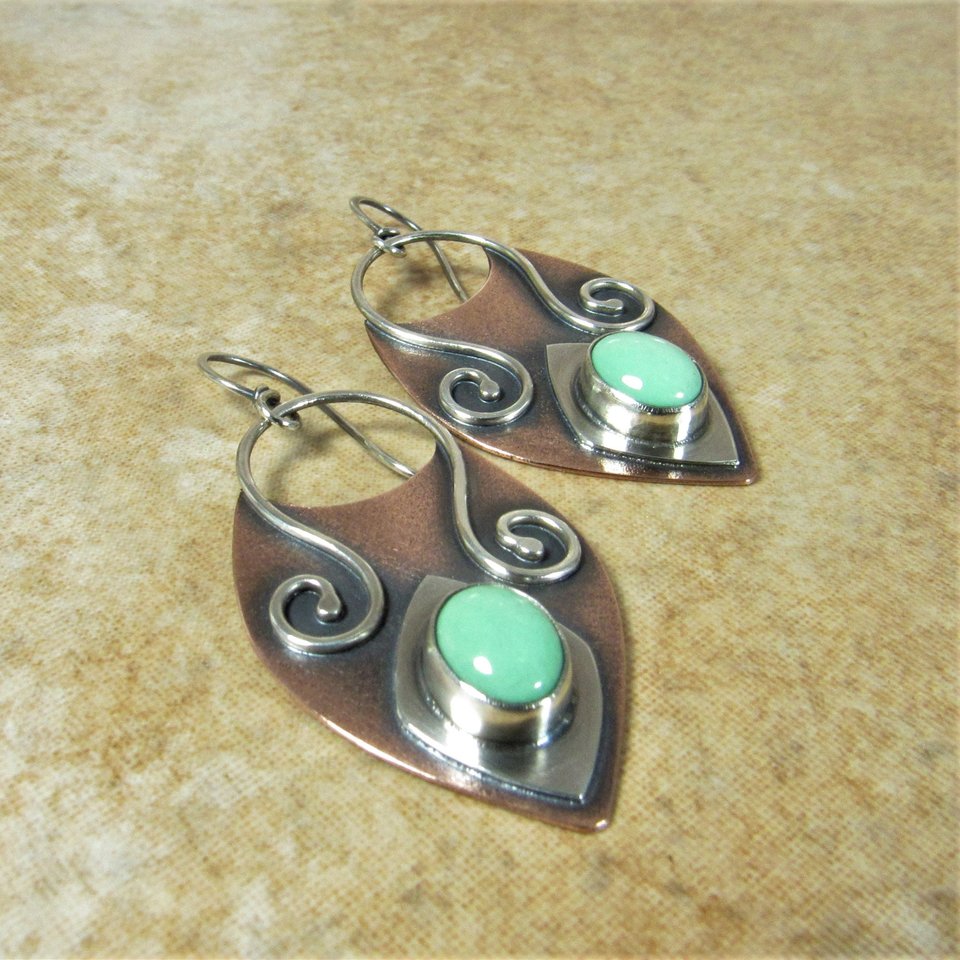 Mint Variscite Copper Sterling Silver Earrings, Boho Mixed Metal Jewelry