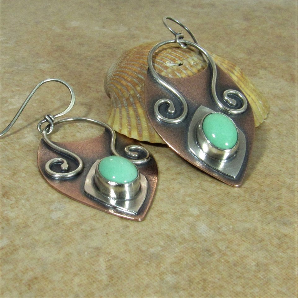 Mint Variscite Copper Sterling Silver Earrings, Boho Mixed Metal Jewelry