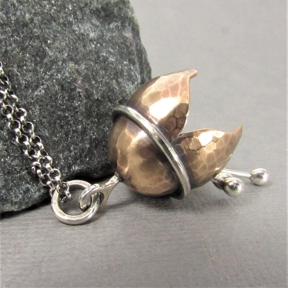 Bronze Bell Flower Necklace, Argentium Sterling Silver, Musical Pendant