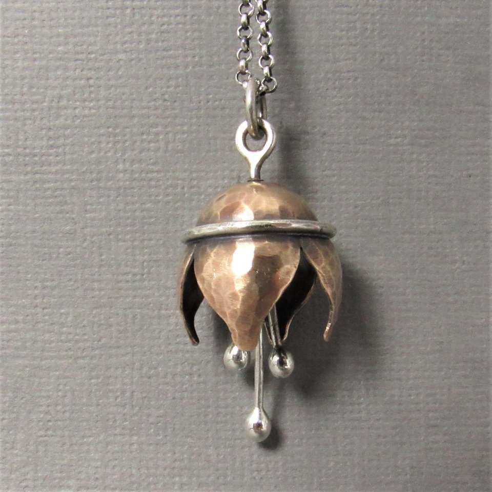 Bronze Bell Flower Necklace, Argentium Sterling Silver, Musical Pendant