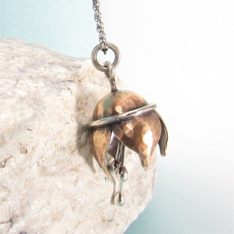 Bronze Bell Flower Necklace, Argentium Sterling Silver, Musical Pendant