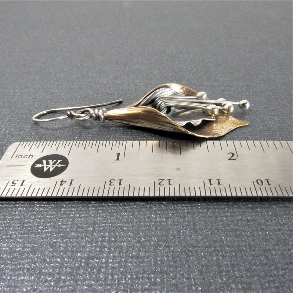 Mixed Metal Lily Earrings, Exotic Flower Earrings In Two Tone Bronze And Sterling Silver