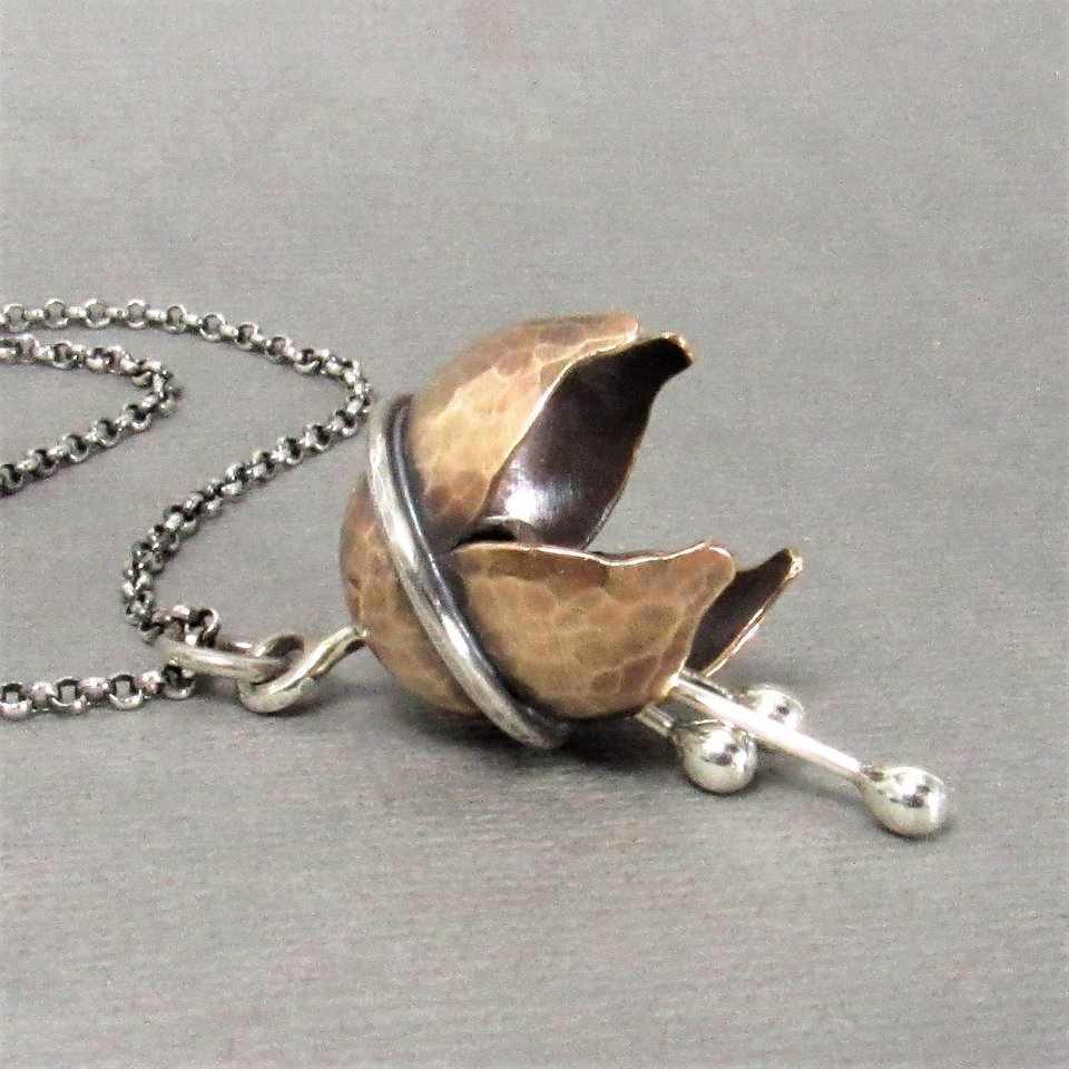 Bronze Bell Flower Necklace, Argentium Sterling Silver, Musical Pendant