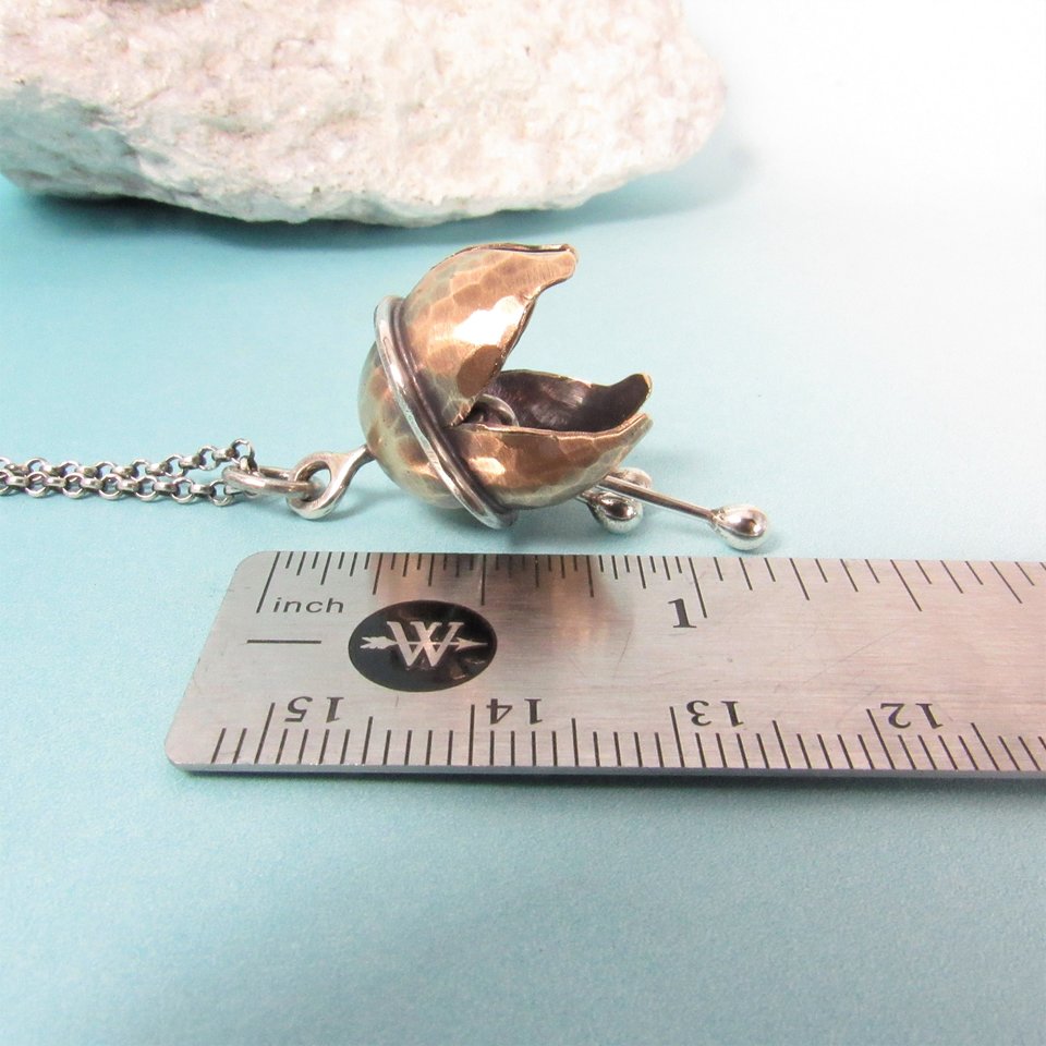 Bronze Bell Flower Necklace, Argentium Sterling Silver, Musical Pendant