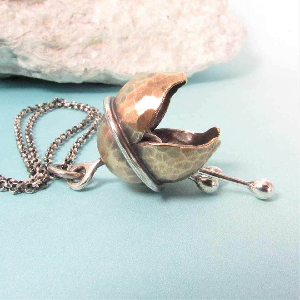 Bronze Bell Flower Necklace, Argentium Sterling Silver, Musical Pendant