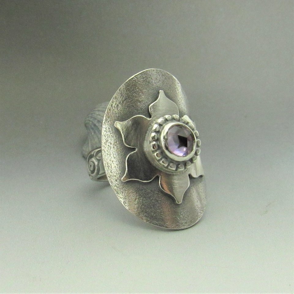 Amethyst Lotus Saddle Ring, Argentium Silver Size 8.5