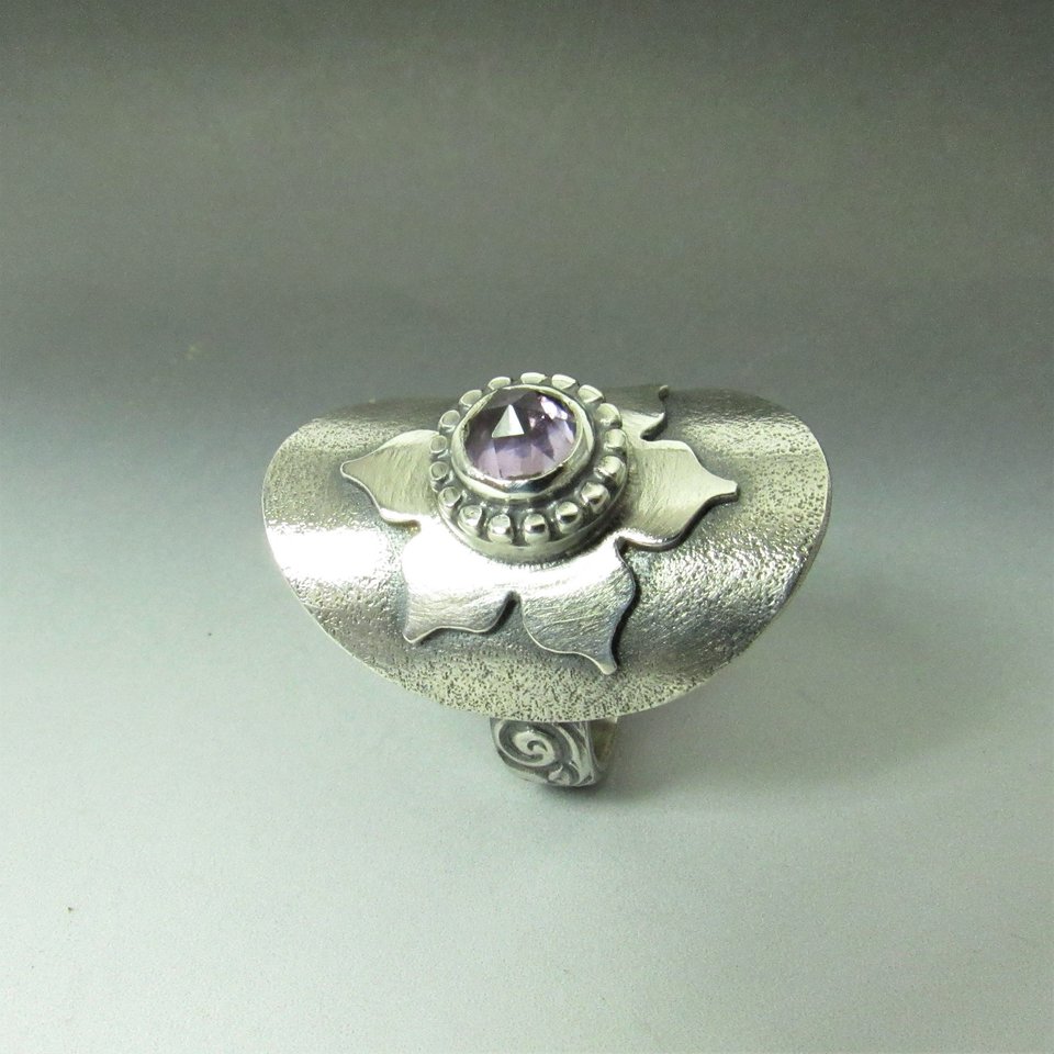 Amethyst Lotus Saddle Ring, Argentium Silver Size 8.5