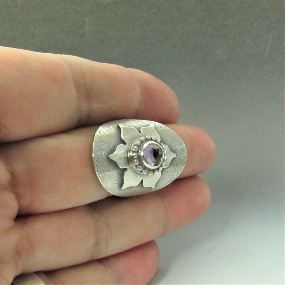 Amethyst Lotus Saddle Ring, Argentium Silver Size 8.5