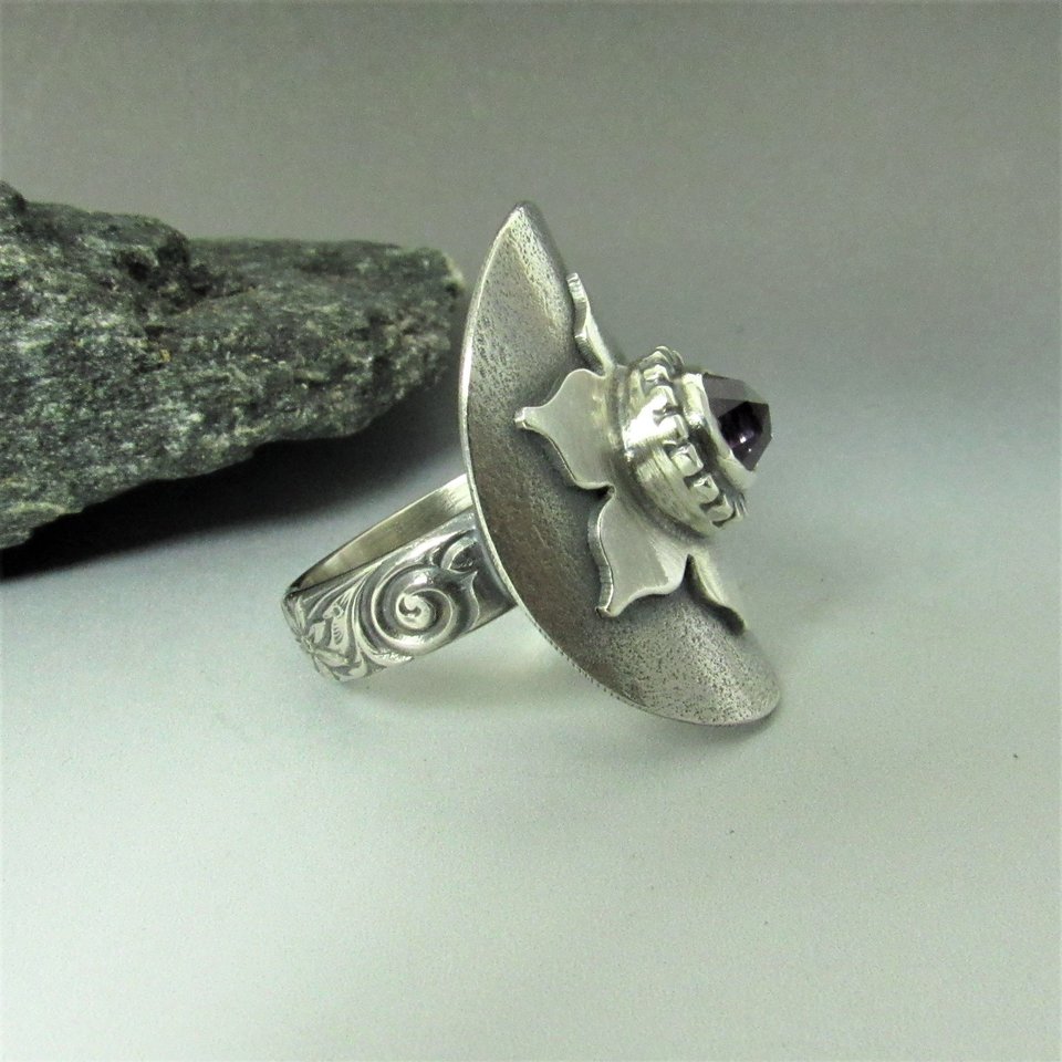 Amethyst Lotus Saddle Ring, Argentium Silver Size 8.5