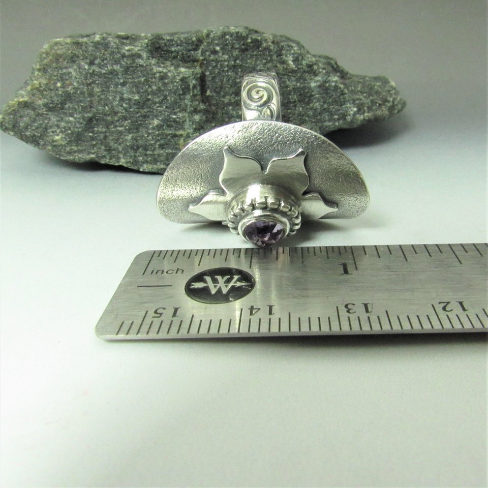 Amethyst Lotus Saddle Ring, Argentium Silver Size 8.5