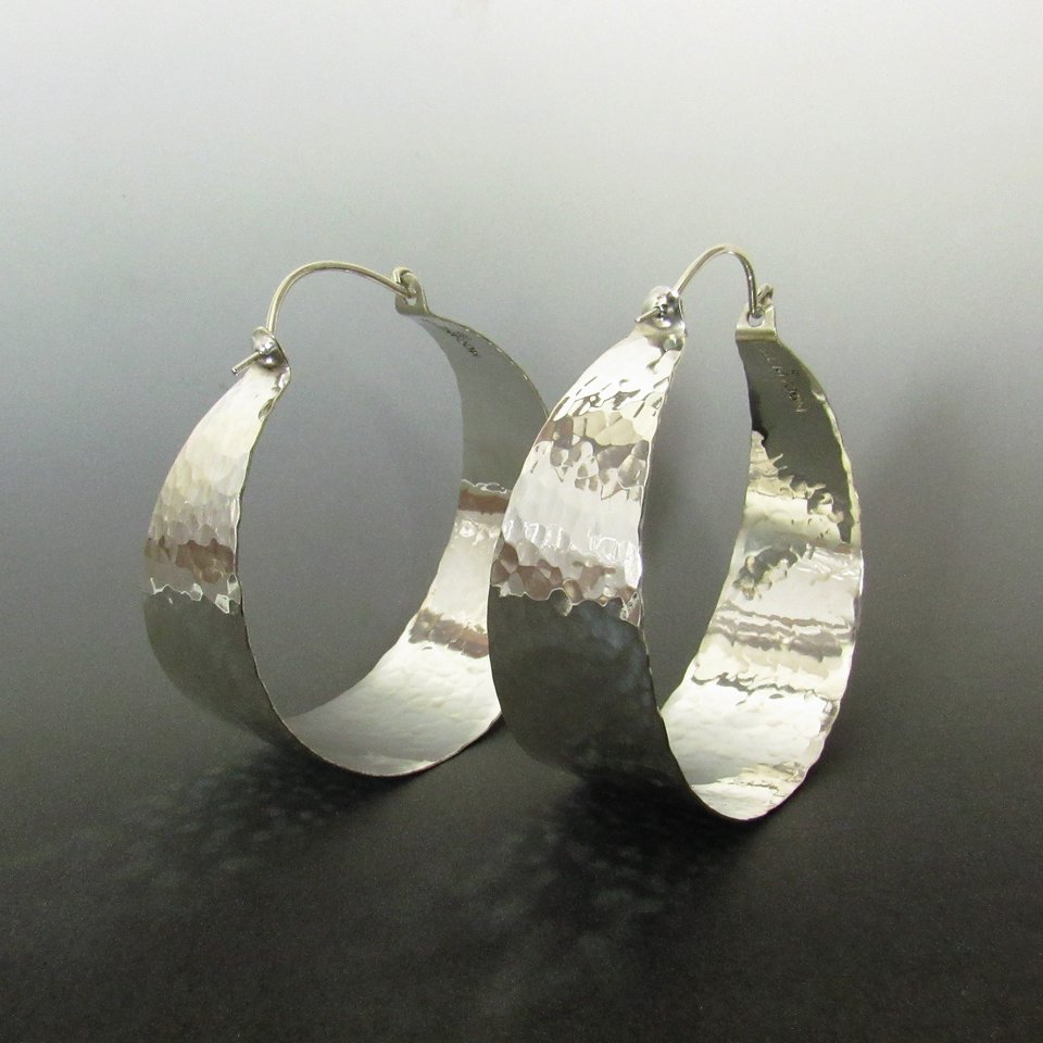 Hammered Argentium Sterling Silver Hoop Earrings, Large Statement Jewelry