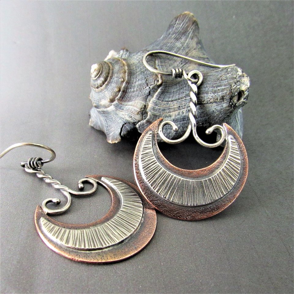 Mixed Metal, Silver And Copper Akkadian Moon Earrings