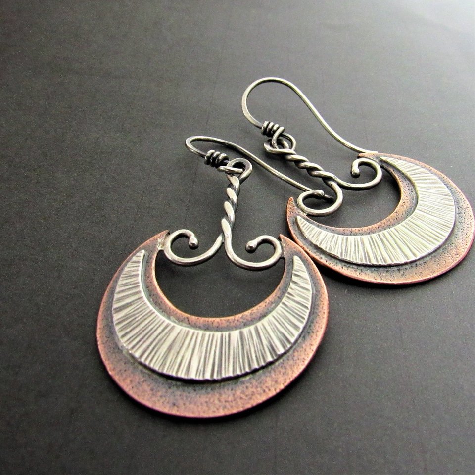 Mixed Metal, Silver And Copper Akkadian Moon Earrings