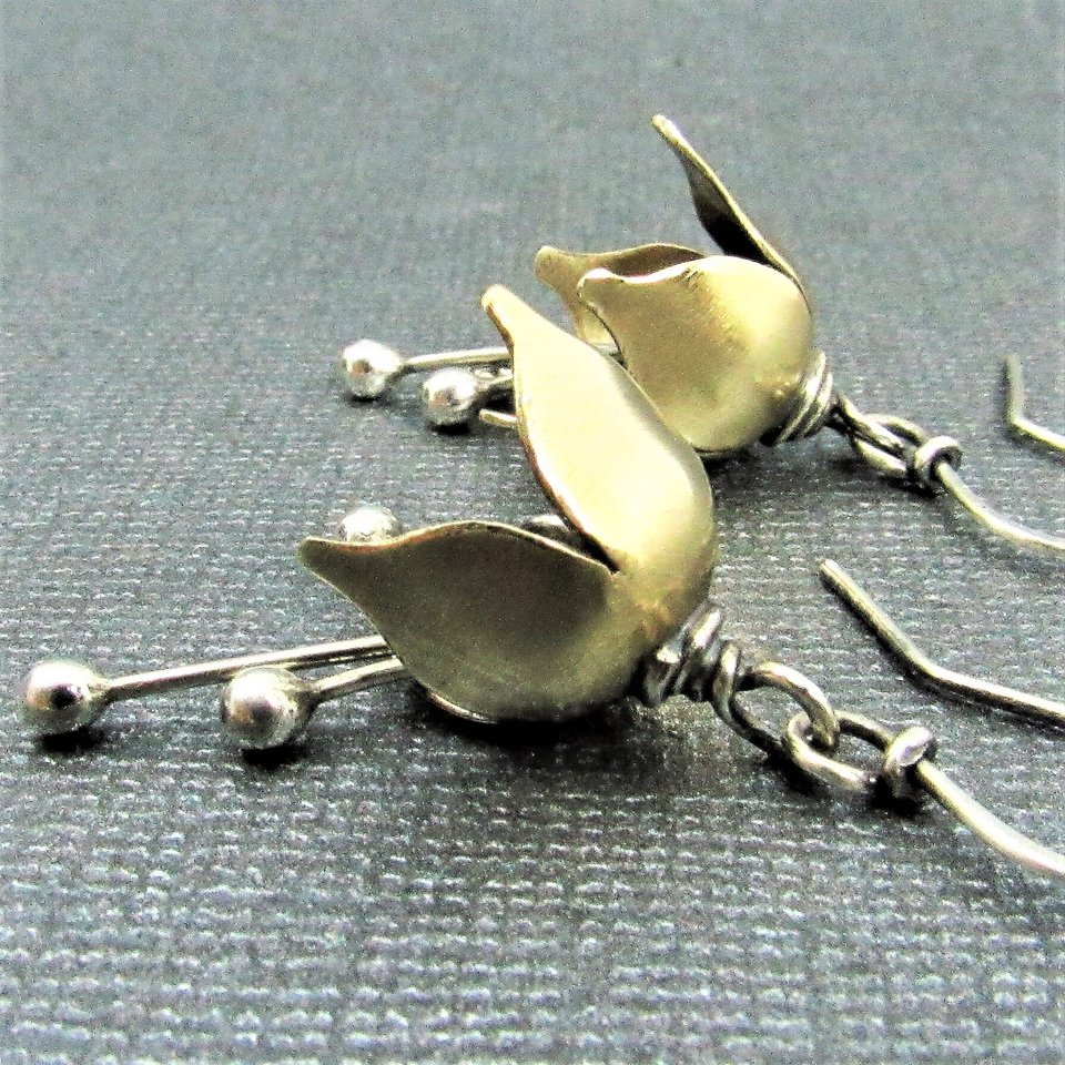 Small Bell Flower Earrings, Mixed Metal Sterling Silver And Bronze Earrings, Handcrafted Metalwork Jewelry