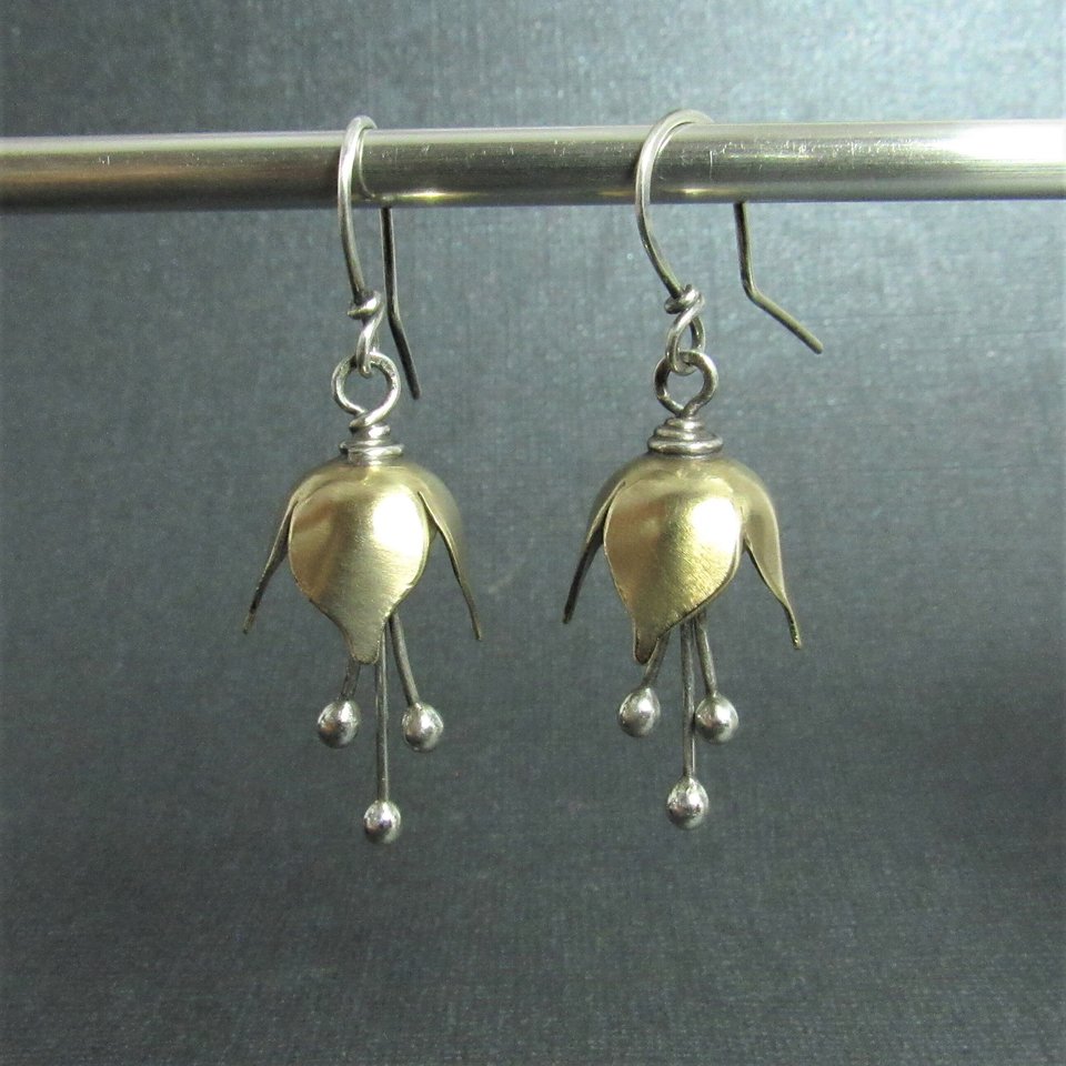 Small Bell Flower Earrings, Mixed Metal Sterling Silver And Bronze Earrings, Handcrafted Metalwork Jewelry