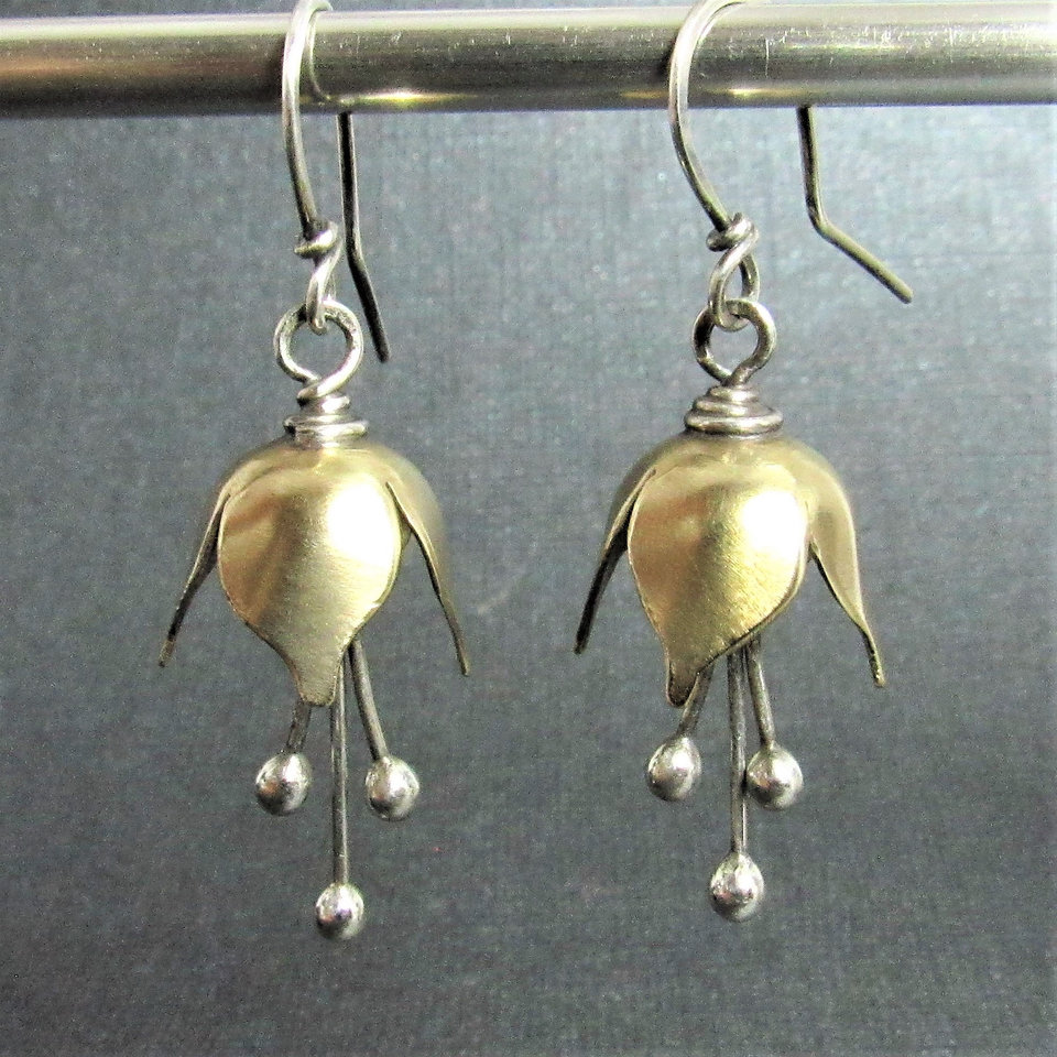 Small Bell Flower Earrings, Mixed Metal Sterling Silver And Bronze Earrings, Handcrafted Metalwork Jewelry