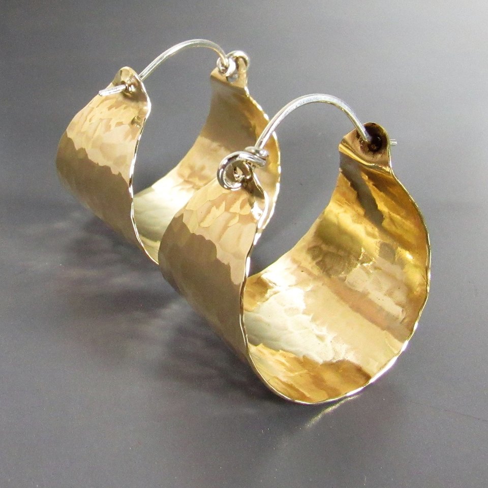 Golden Hammered Brass And Sterling Silver Basket Hoop Earrings