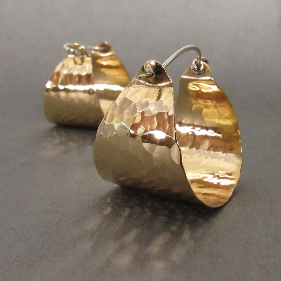 Golden Hammered Brass And Sterling Silver Basket Hoop Earrings