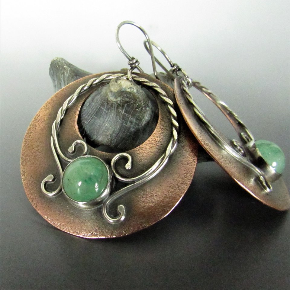 Mixed Metal, Copper And Sterling Silver Green Adventurine Earrings, Large Exotic Earrings