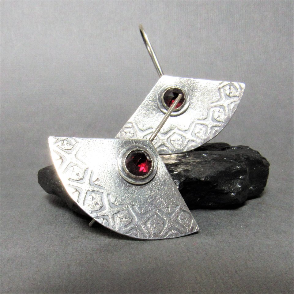 Argentium Sterling Silver And Garnet Earrings, Fan Shape, January Birthstone
