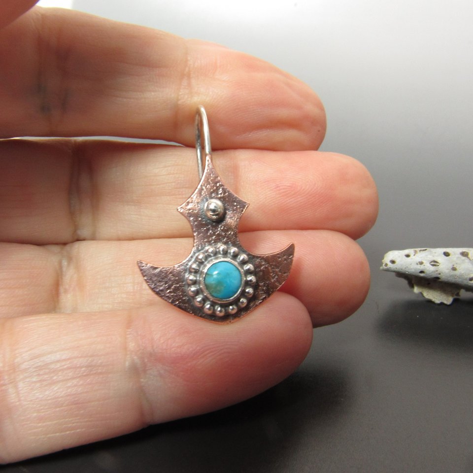 Mixed Metal Turquoise Earrings With Tribal Flair, Copper And Argentium Sterling Silver